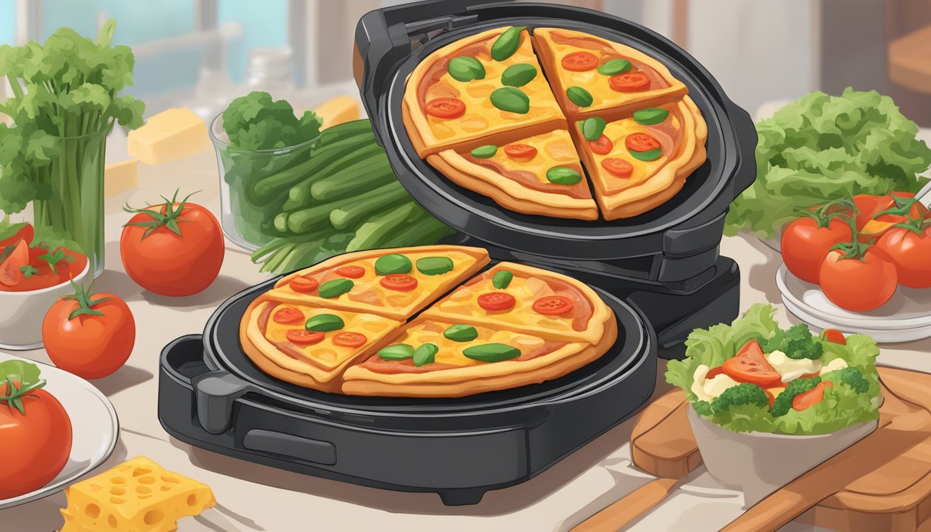 A pizza waffle being cooked on a sizzling waffle iron, topped with vegan cheese, tomato sauce, and assorted vegetables