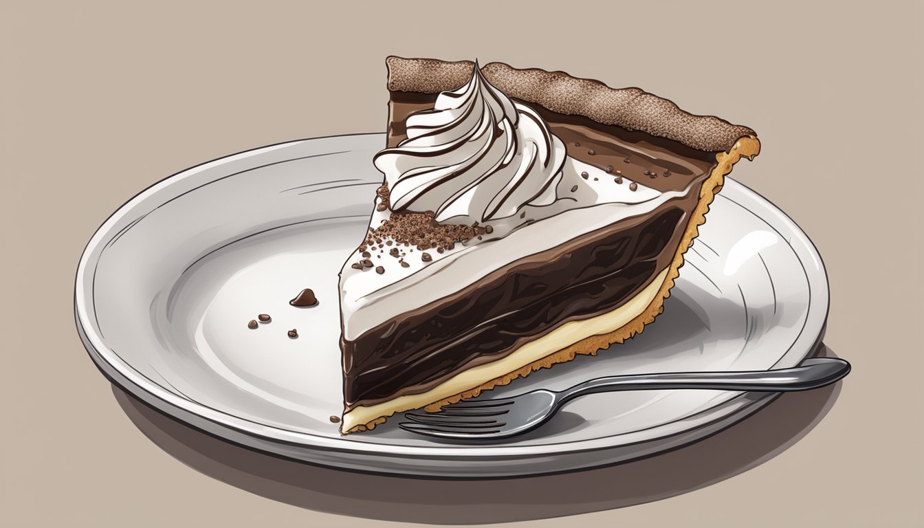 A slice of Black Bottom Pie with chocolate filling, topped with whipped cream and chocolate shavings, sits on a delicate white plate