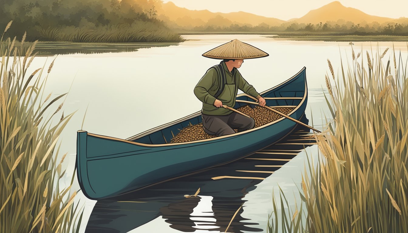 A person using a long stick to gently knock ripe wild rice grains into a waiting canoe below