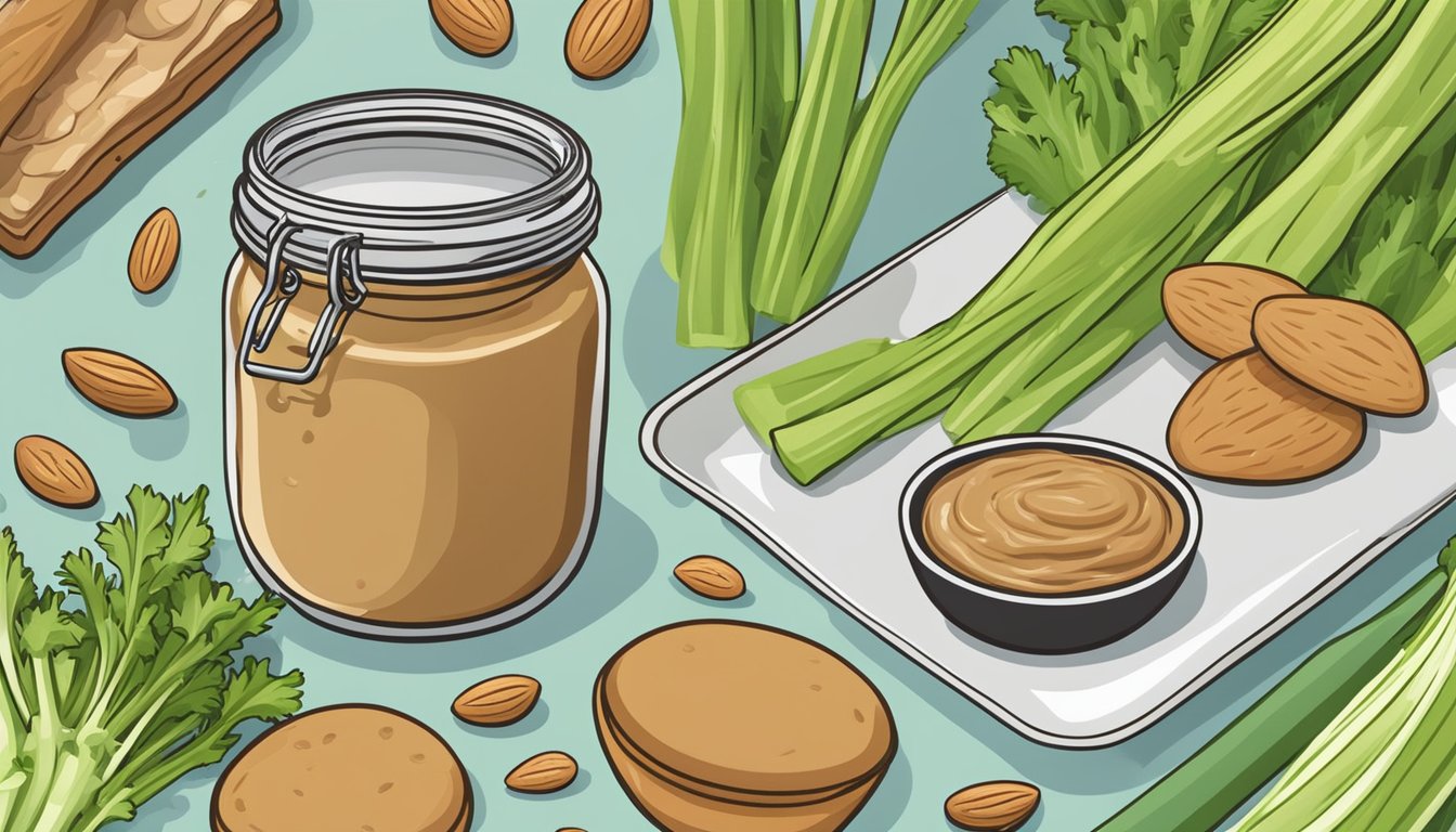 A jar of almond butter sits next to a plate of celery sticks, surrounded by various other healthy snack options