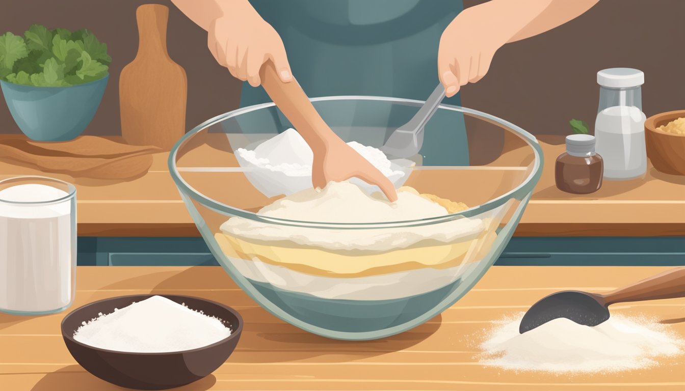 A person mixing vegan pie crust ingredients in a glass bowl on a wooden countertop, surrounded by flour, coconut oil, and a rolling pin