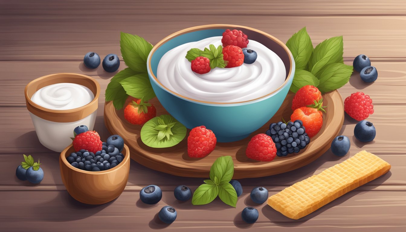 A bowl of Greek yogurt topped with fresh berries on a wooden table, surrounded by other healthy snack options