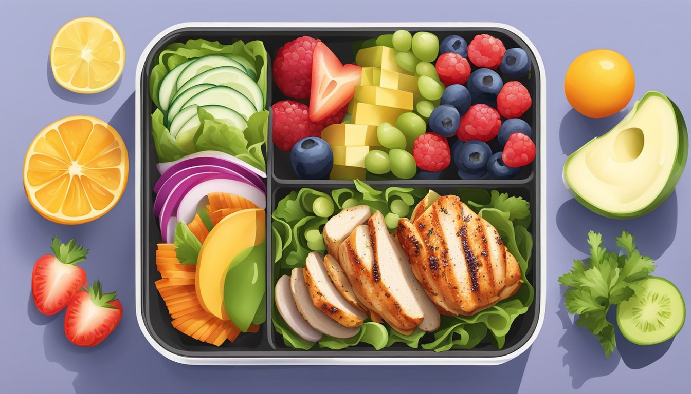 A colorful lunch box filled with grilled chicken, quinoa salad, fresh vegetables, and fruit