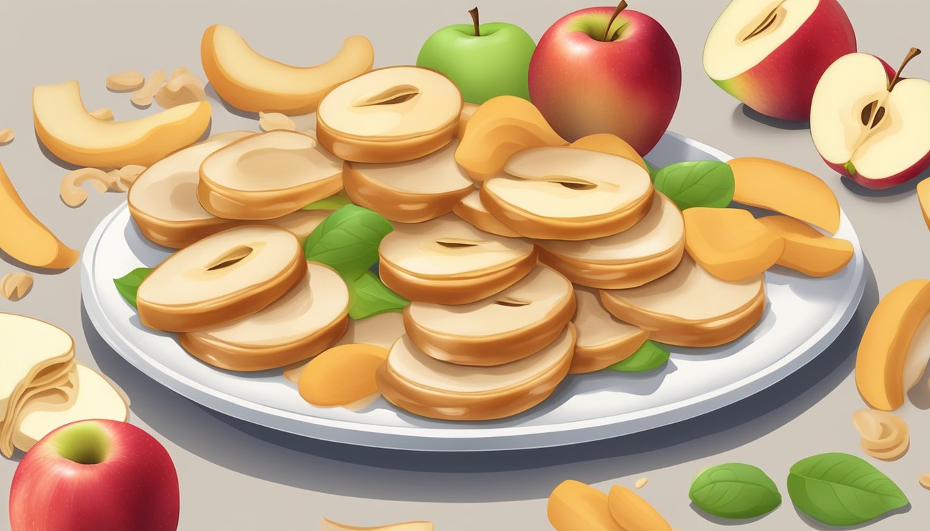 A plate of apple slices with a dollop of peanut butter, surrounded by other healthy snack options