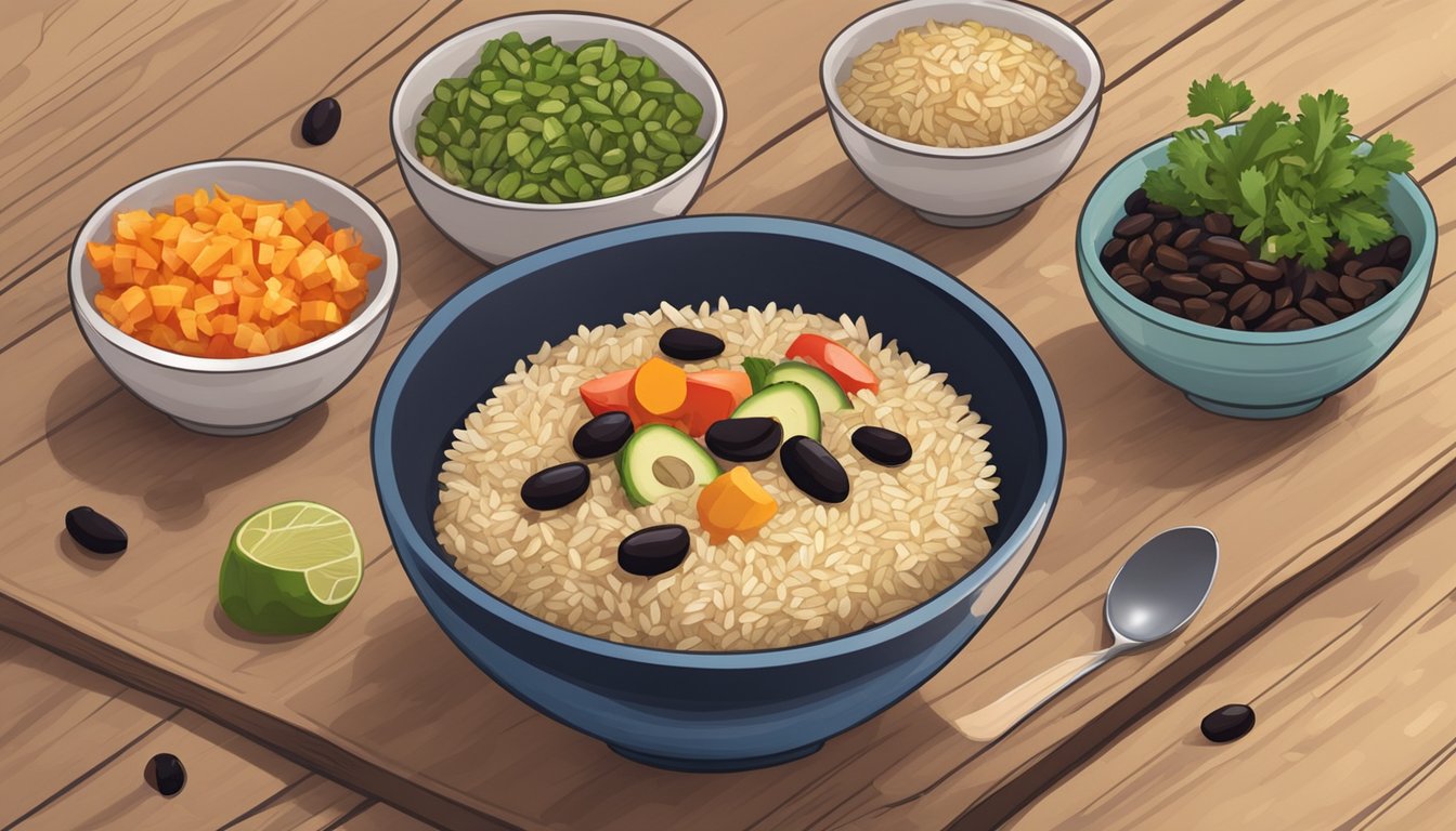 A colorful bowl filled with brown rice, black beans, and assorted vegetables, arranged neatly on a wooden table