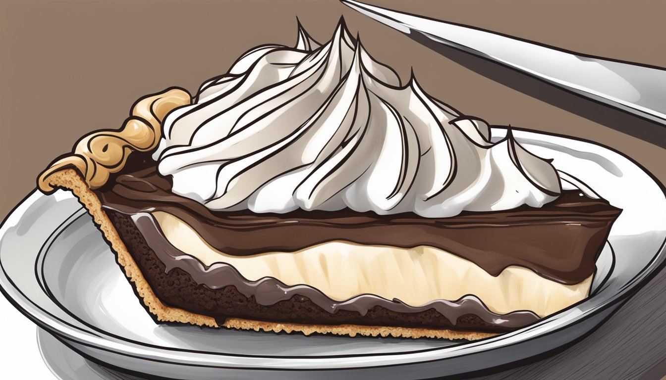 A slice of black bottom pie with a vegan twist, featuring a chocolate crust, creamy filling, and a dollop of dairy-free whipped topping