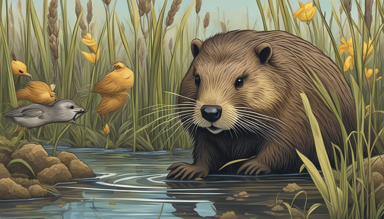 A beaver gnaws on wild rice stalks, while ducks and muskrats gather nearby