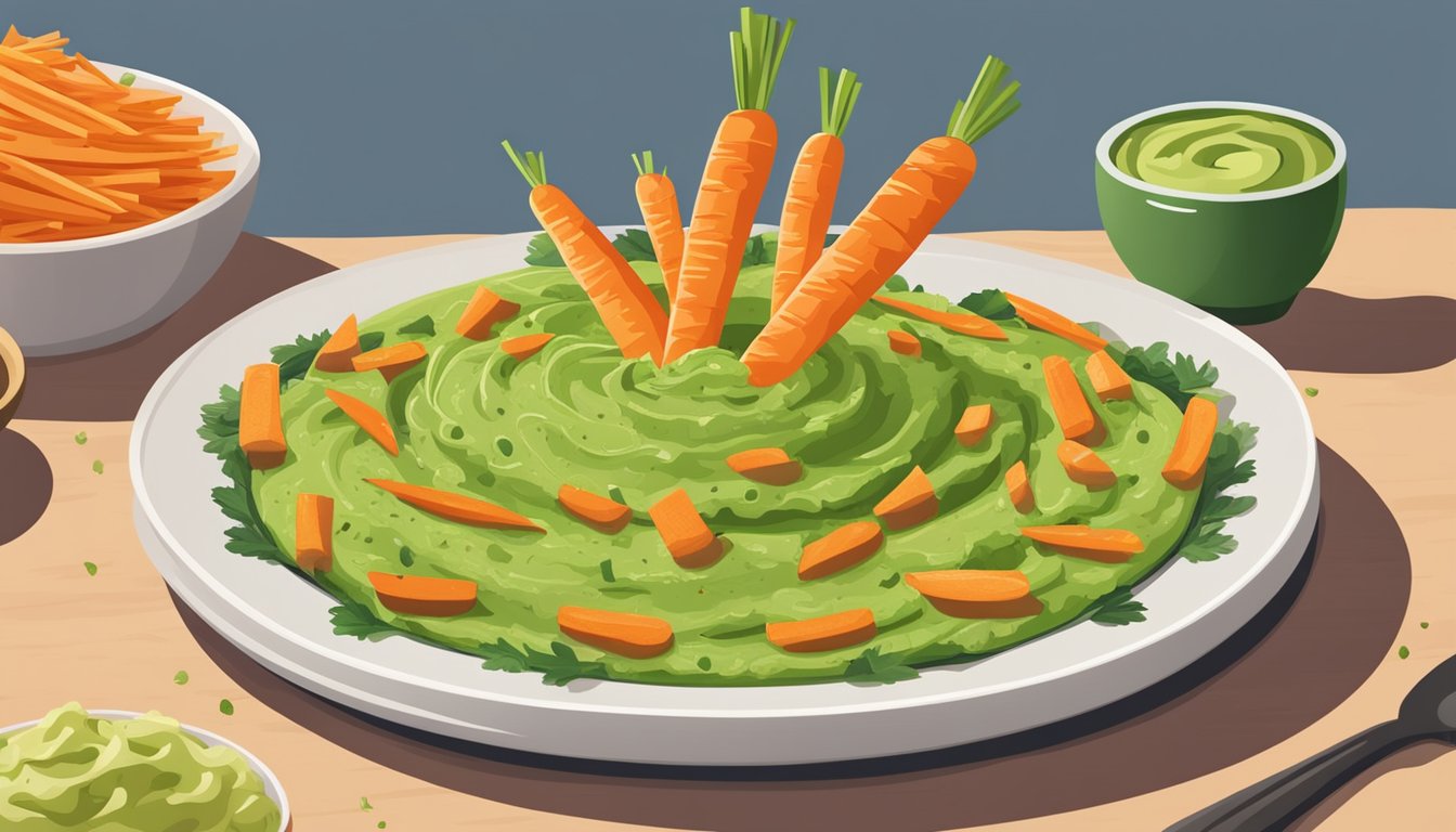 A plate of carrot sticks surrounded by a bowl of guacamole, with a backdrop of various healthy snack options