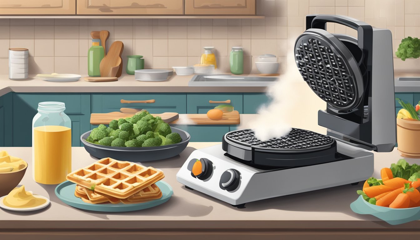 A person pours batter onto a waffle iron, steam rising. Ingredients like flour and vegetables are scattered on the counter