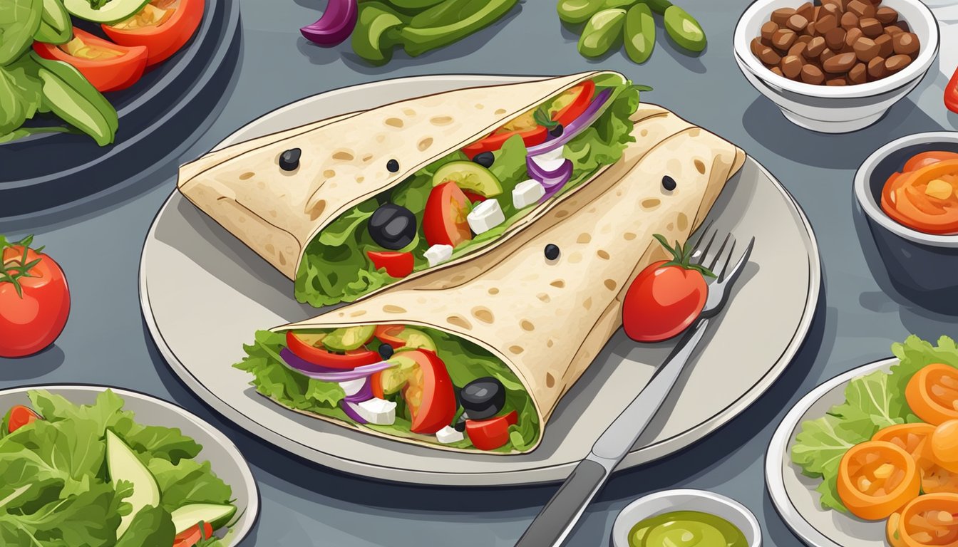 A colorful Greek Salad Wrap surrounded by fresh vegetables and a low-carb tortilla, with a fork and knife on the side