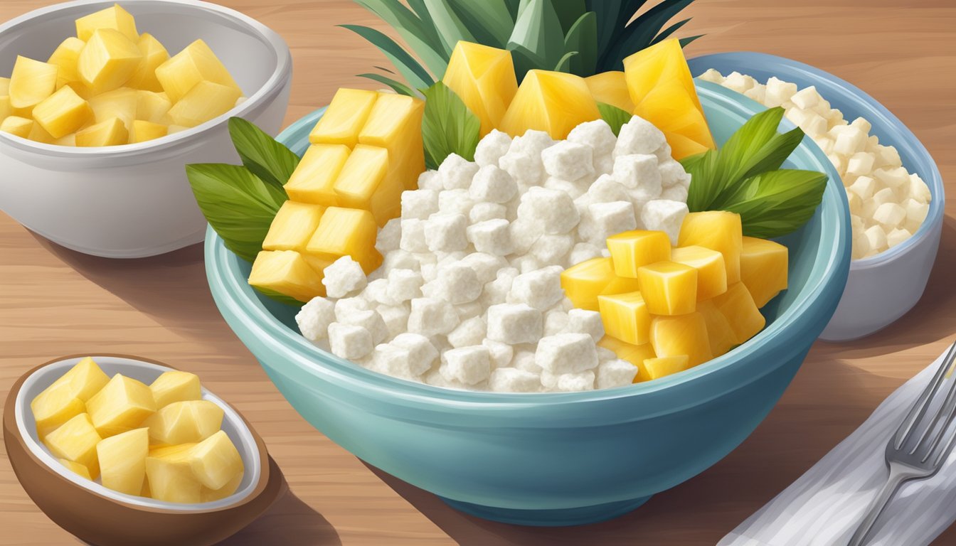 A bowl of cottage cheese topped with pineapple, surrounded by a variety of healthy snack options