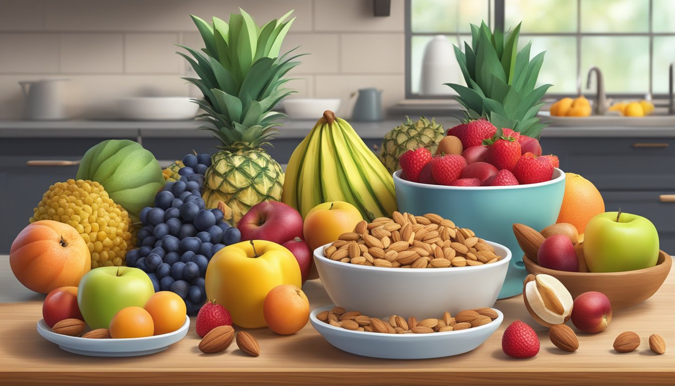 A colorful array of fresh fruits and nuts arranged on a kitchen counter, with a vegan pie crust and creamy filling in the background