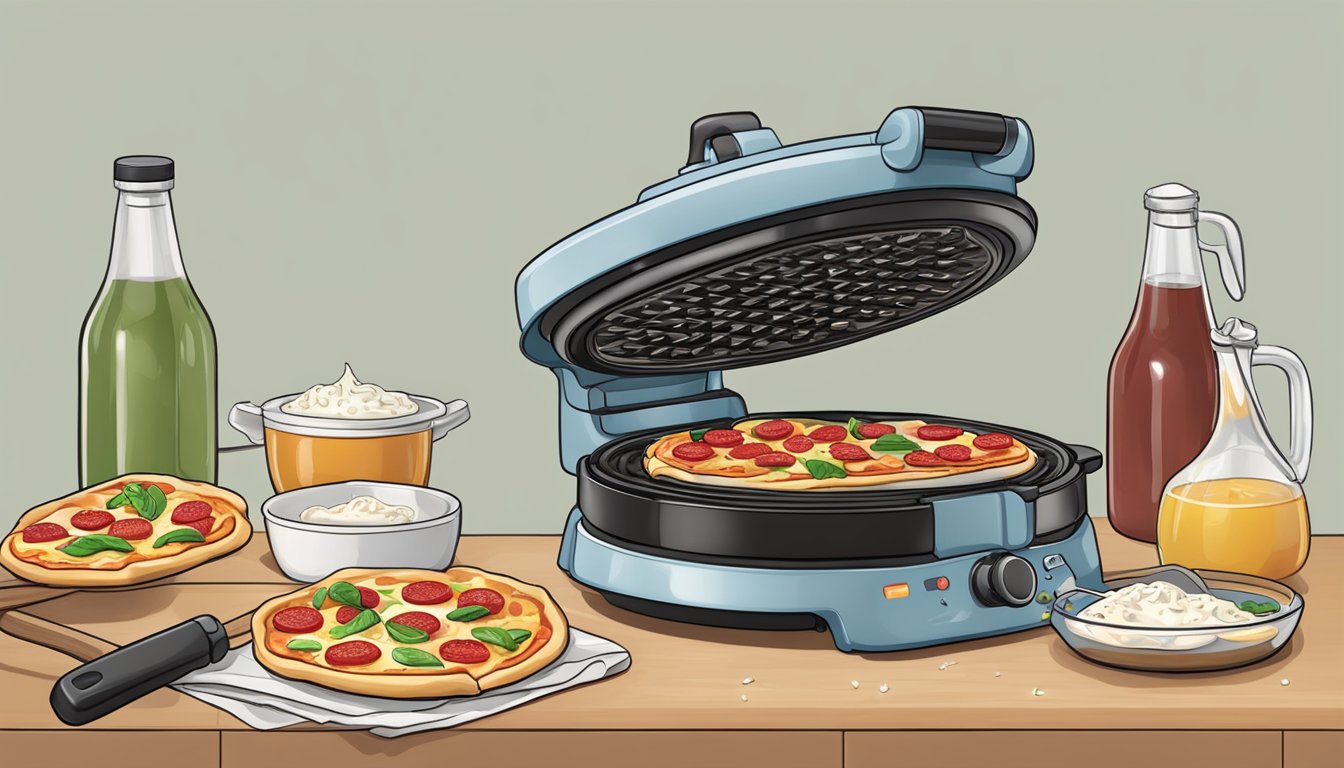 A waffle iron with pizza toppings pouring onto the batter, ready to be closed and cooked