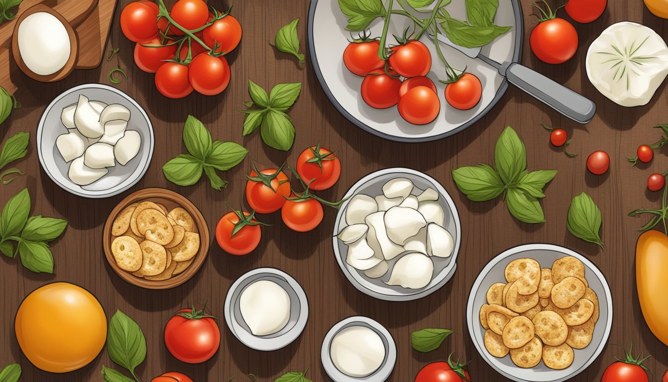 A bowl of cherry tomatoes and mozzarella arranged on a wooden cutting board, surrounded by other healthy snack options