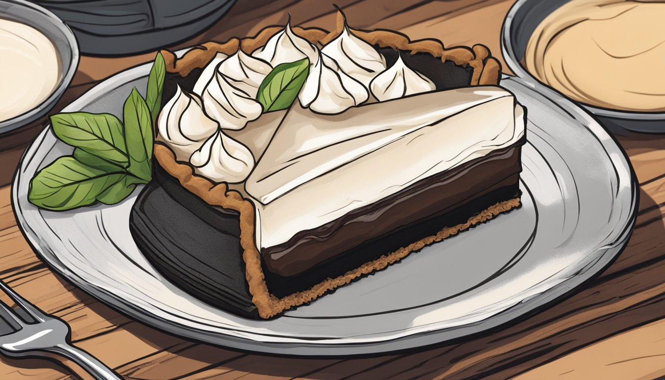 A vegan black bottom pie sits on a rustic wooden table, with a chocolate crust and a creamy, vanilla-flavored filling topped with a layer of whipped coconut cream