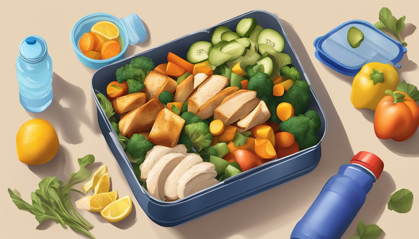 A colorful array of roasted vegetables and chicken stir-fry arranged in a lunch box, surrounded by fresh fruits and a water bottle