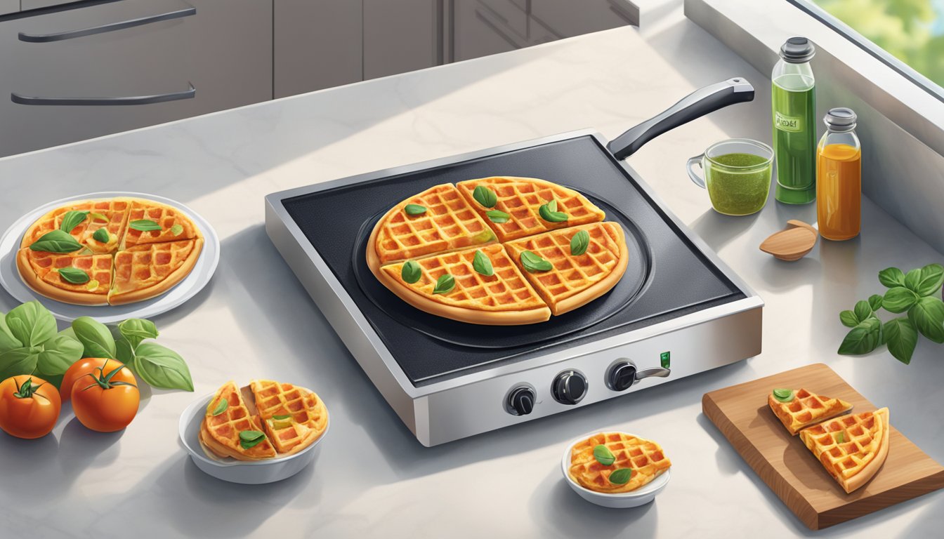 A vegan pizza waffle being served and stored on a clean, modern kitchen counter