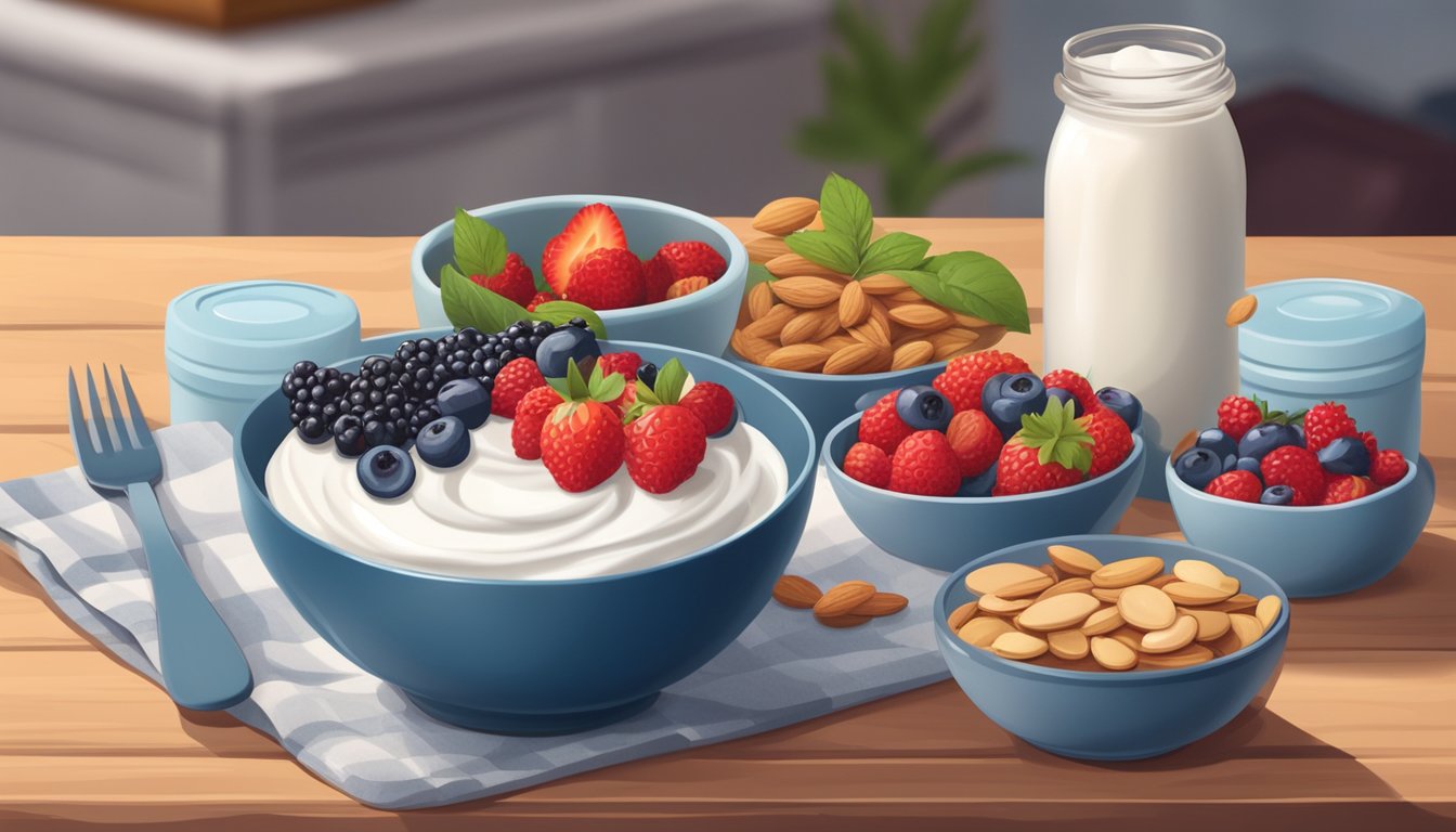 A bowl of Greek yogurt topped with fresh berries and sliced almonds sits on a wooden table, surrounded by a lunch box and other healthy snacks