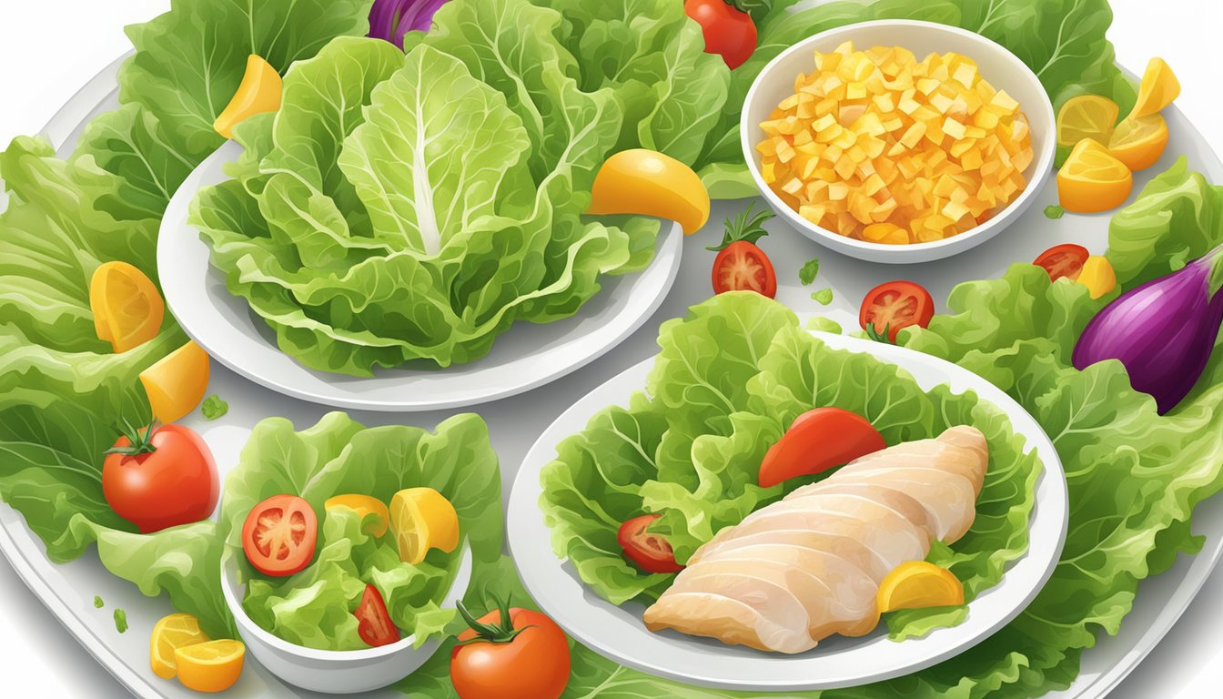 A colorful array of fresh lettuce leaves, diced chicken, and vibrant vegetables arranged on a clean, white plate