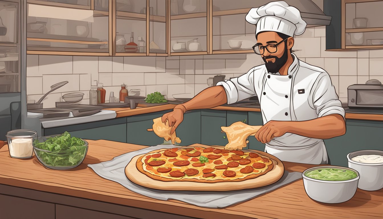 A chef spreads vegan pizza dough on a wooden board, adding buffalo sauce, vegan chicken, vegan bacon, and ranch dressing