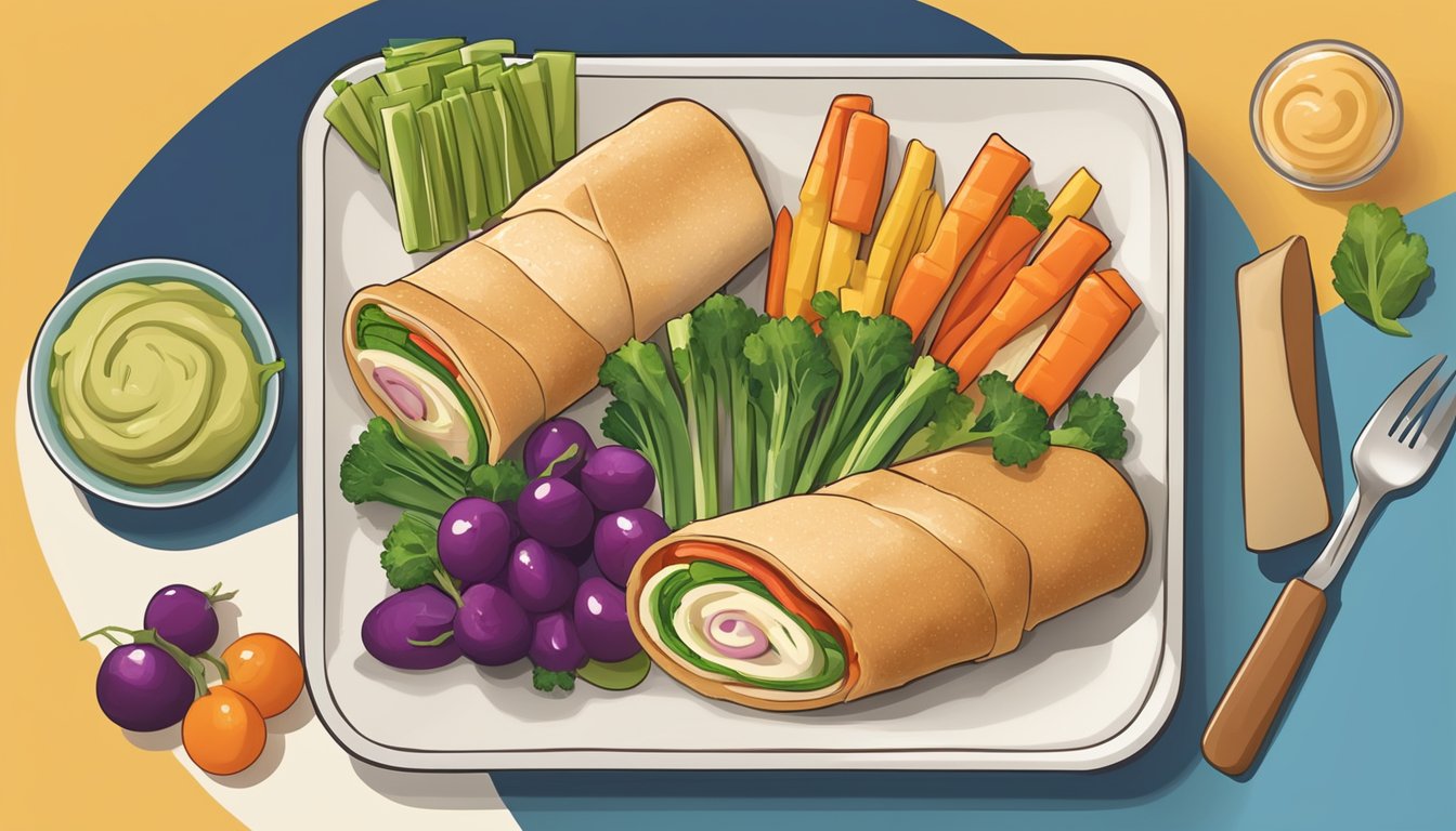 A colorful plate with turkey and cheese roll-ups, accompanied by fresh vegetables and a side of hummus