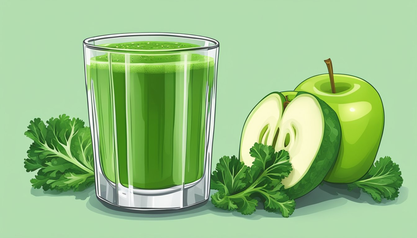 A glass filled with a vibrant green celery smoothie, garnished with slices of kale and apple