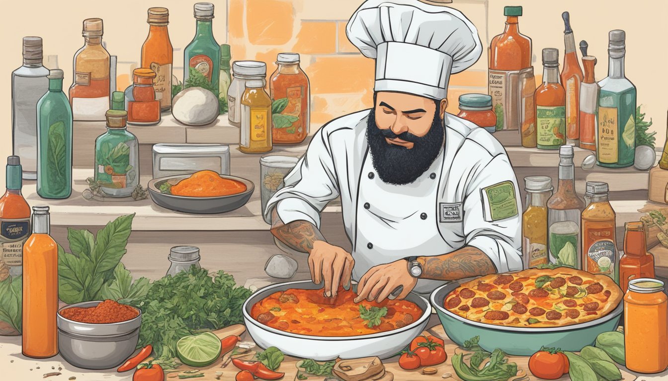 A chef mixing vegan ingredients in a bowl, surrounded by bottles of hot sauce, spices, and a pizza topped with vegan buffalo sauce