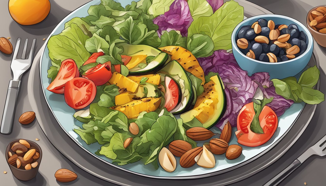 A colorful plate of grilled vegetables, lean protein, and fresh salad, surrounded by low carb fruits and nuts