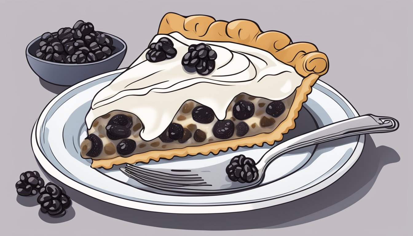 A slice of sour cream raisin pie surrounded by fresh raisins and a dollop of vegan whipped cream