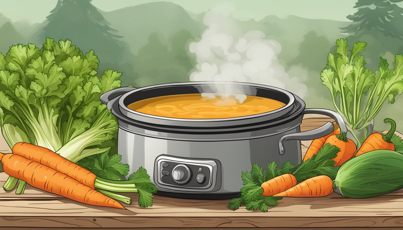 A steaming pot of roasted celery and carrot soup surrounded by fresh vegetables and herbs on a rustic wooden table