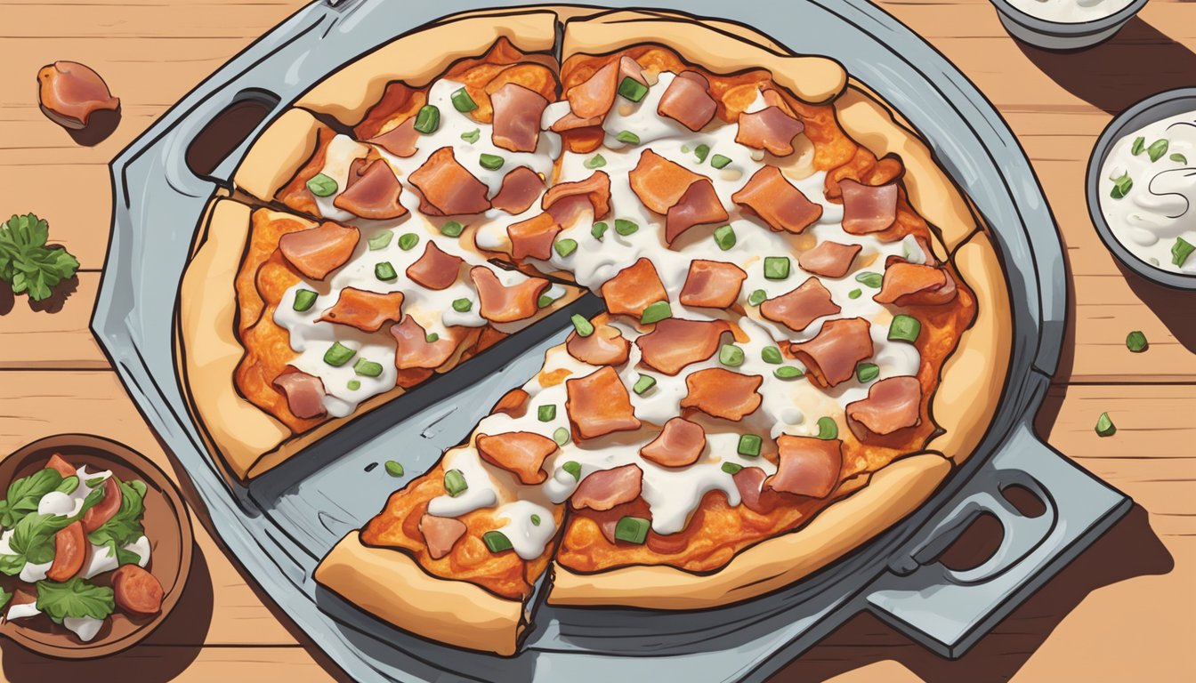 A pizza being topped with buffalo chicken, bacon, and ranch dressing before being placed in the oven to bake