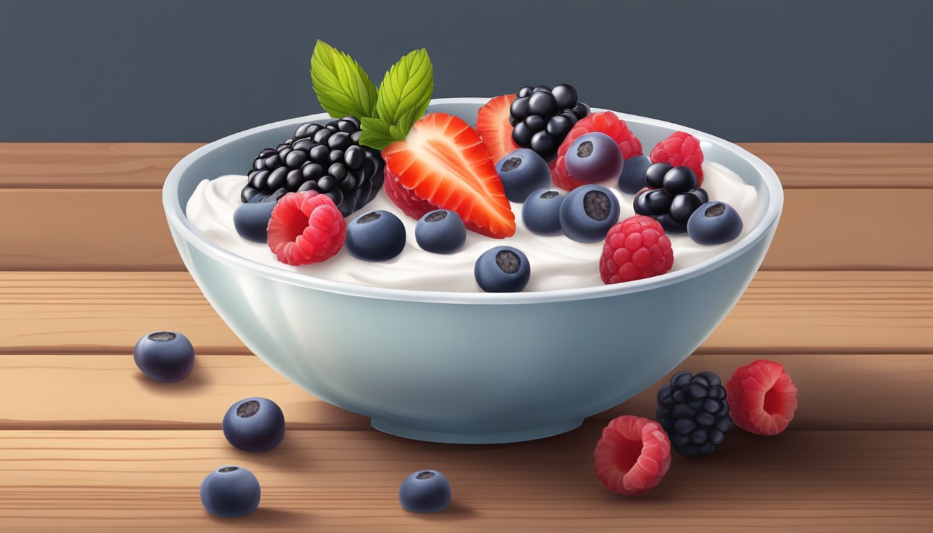 A bowl of Greek yogurt topped with fresh berries on a wooden table