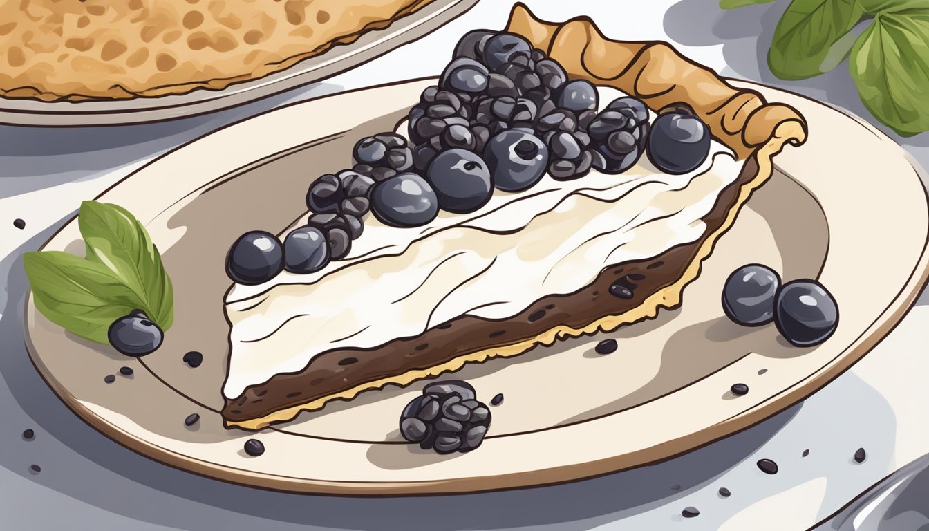 A slice of sour cream raisin pie surrounded by a dollop of vegan whipped cream and a scattering of raisins