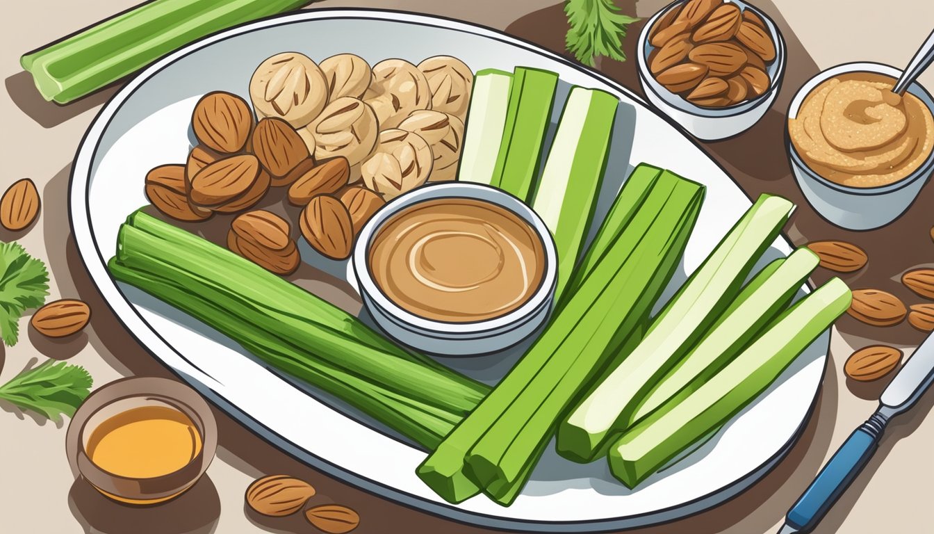 A plate with celery sticks filled with almond butter, surrounded by other healthy snacks for people with diabetes