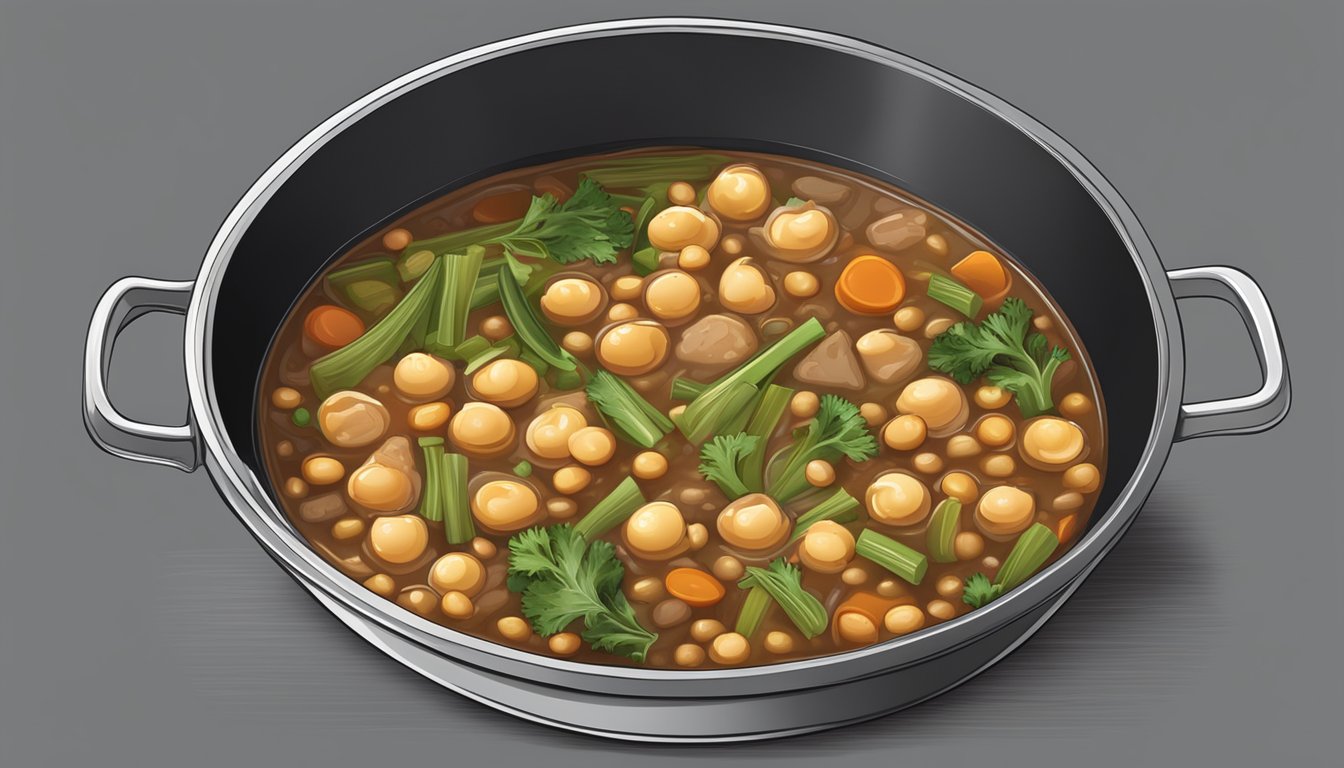 A pot of hearty stew simmering on a stove, filled with celery, chickpeas, and other nutritious ingredients