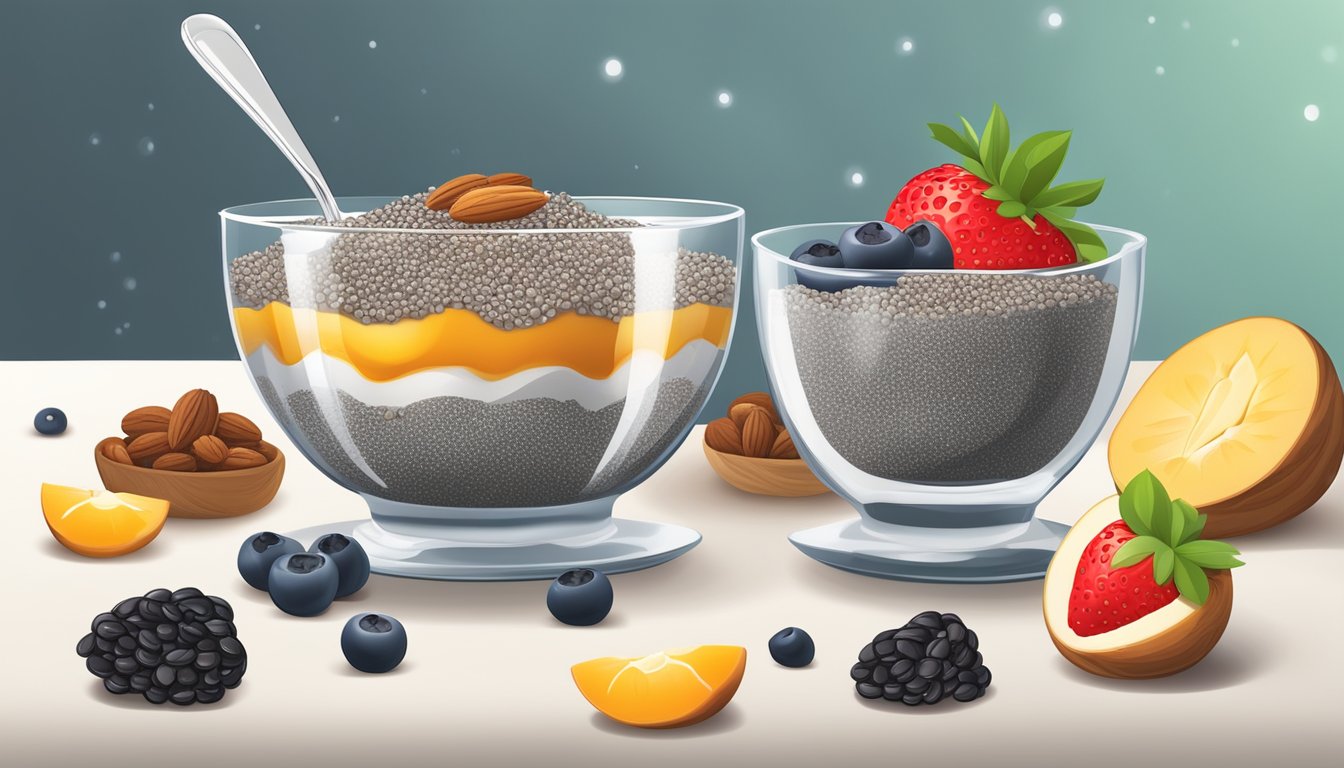 A bowl of chia seed pudding surrounded by fresh fruits and nuts, with a glass of water on the side