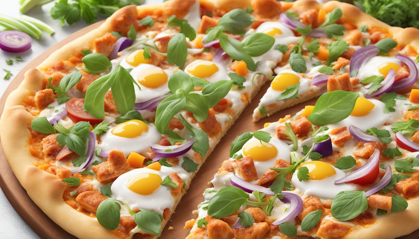 A mouthwatering buffalo chicken bacon ranch pizza with vegan ingredients, surrounded by fresh herbs and colorful vegetables