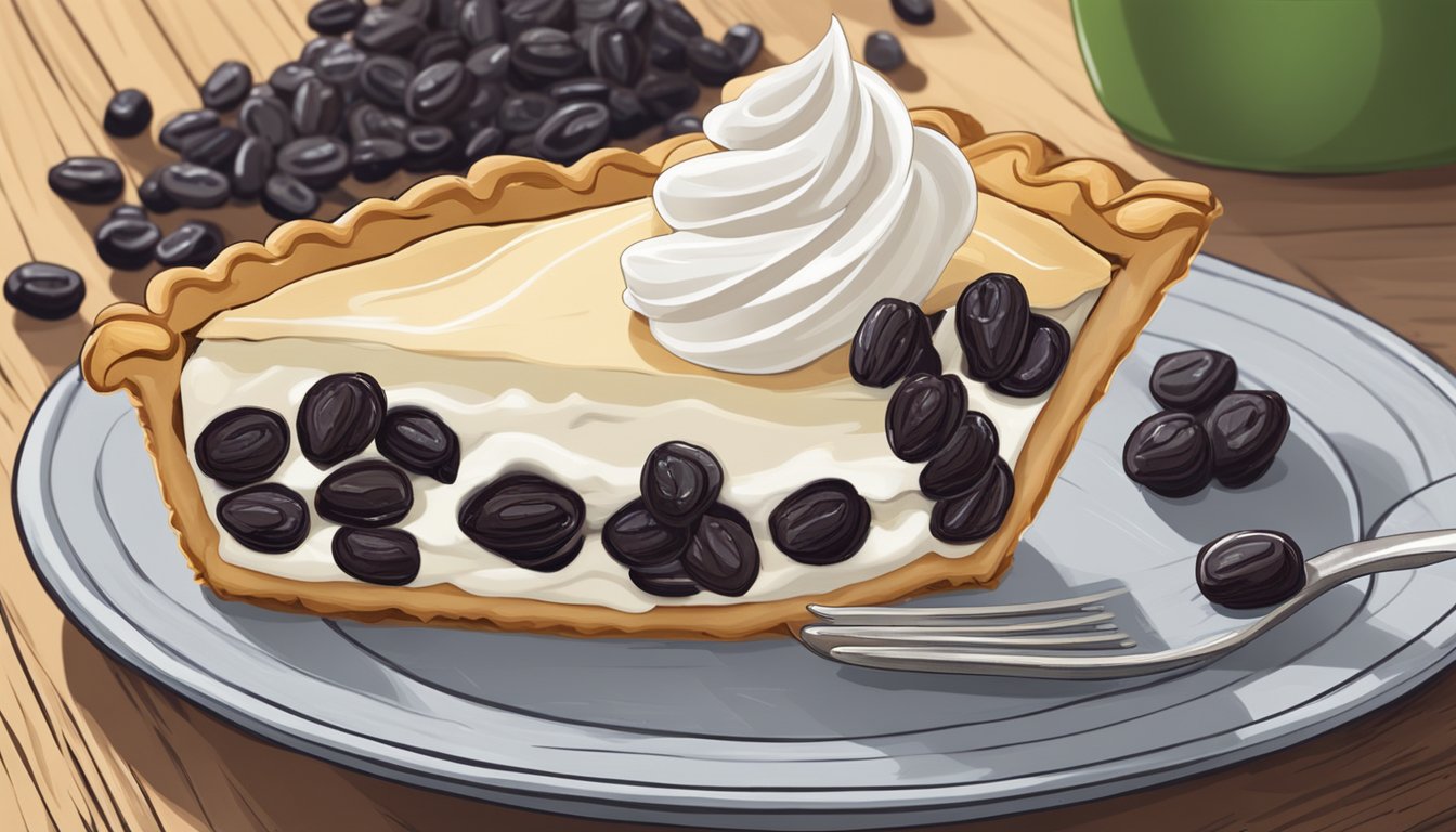 A vegan sour cream raisin pie on a rustic wooden table with fresh raisins and a dollop of dairy-free whipped cream