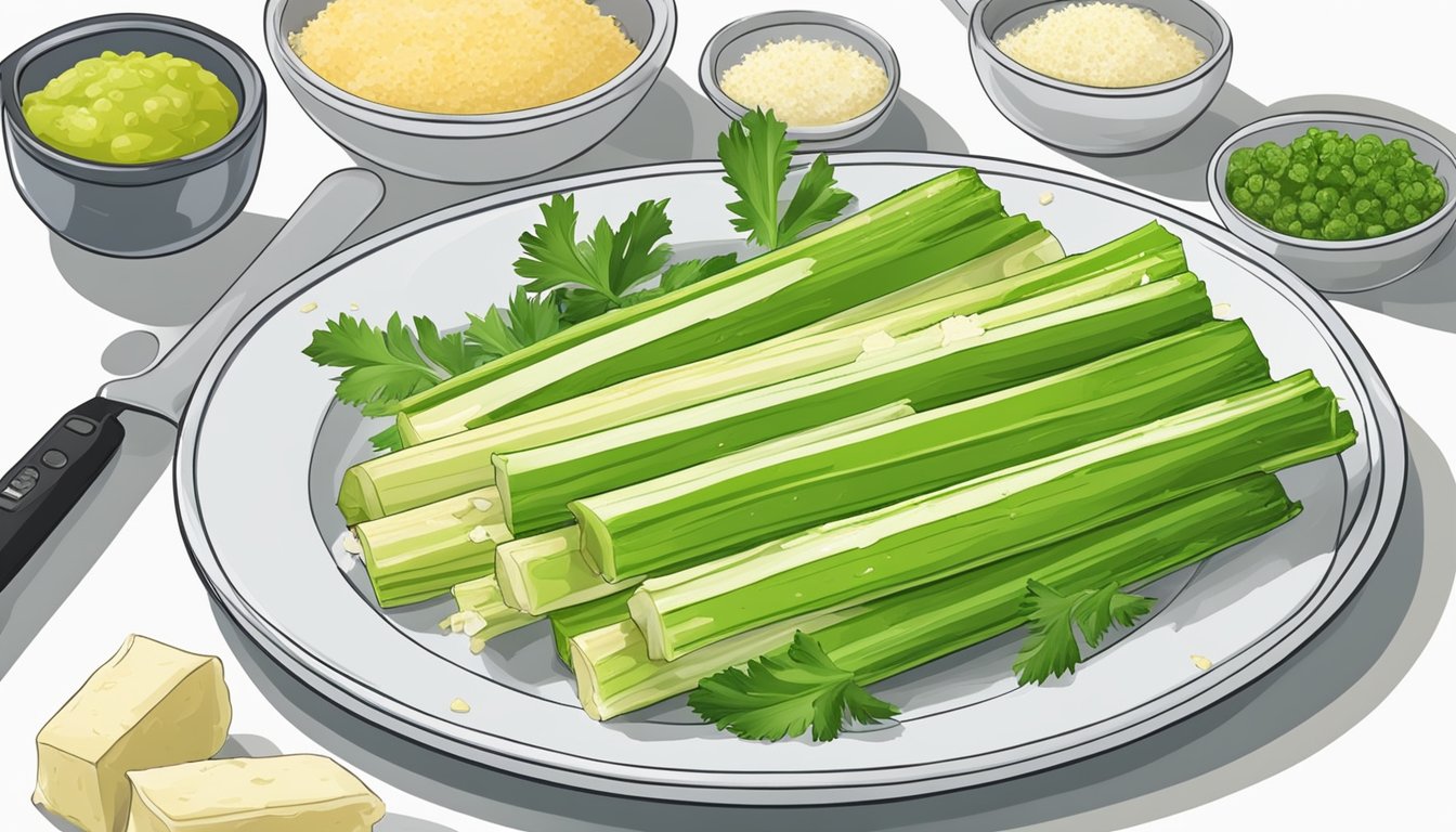 A plate of baked celery sticks topped with Parmesan cheese, surrounded by various fresh ingredients and kitchen utensils