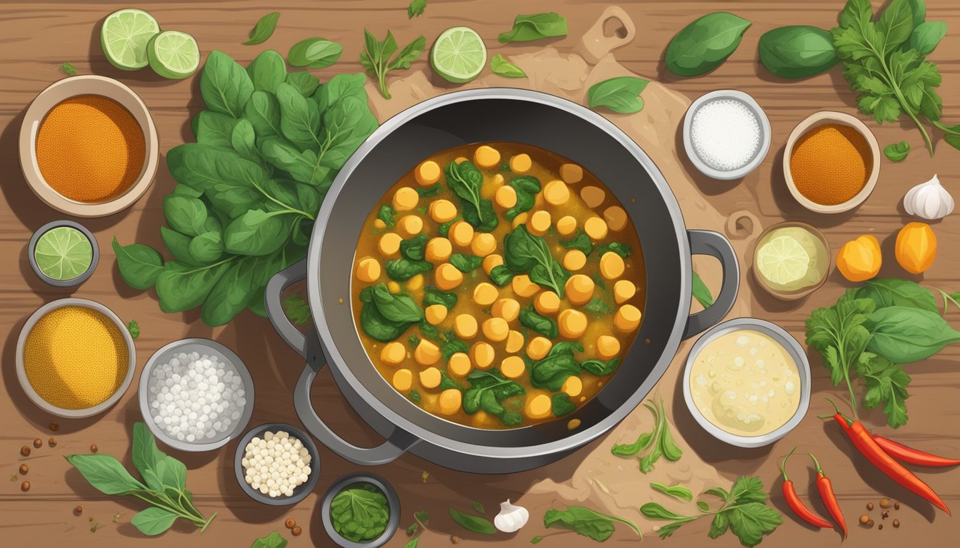 A pot simmering with chickpea and spinach curry, surrounded by colorful spices and fresh ingredients on a kitchen counter