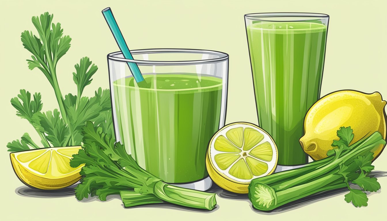 A glass of celery juice with lemon and ginger surrounded by fresh celery stalks and ingredients for healthy recipes