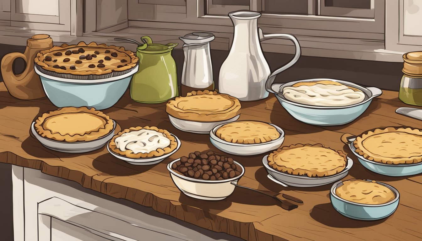 A rustic kitchen counter displays a variety of pies, including a sour cream raisin pie. Fresh ingredients and baking utensils are scattered around