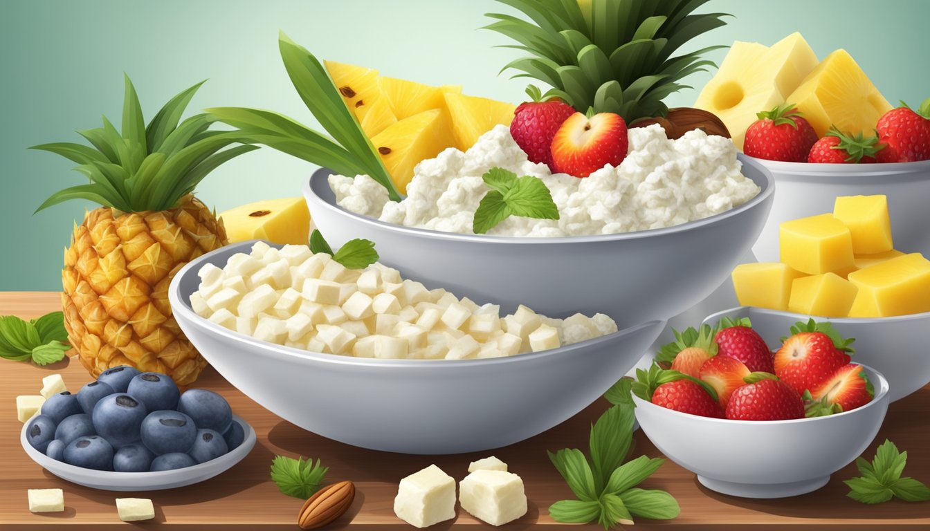 A bowl of cottage cheese topped with pineapple chunks, surrounded by a variety of other healthy snacks, such as nuts, vegetables, and whole fruits