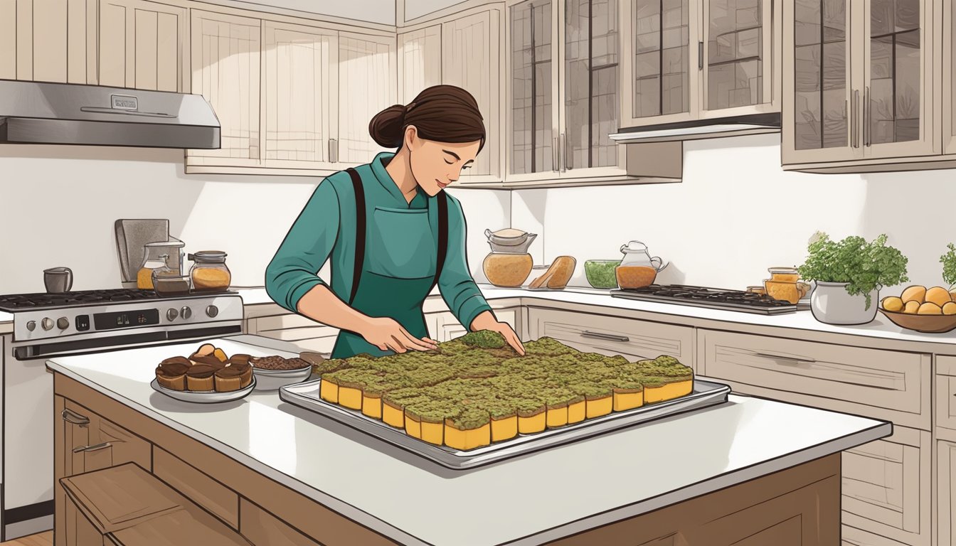 A baker carefully selects vegan ingredients for Nanaimo Bars, arranging them on a clean kitchen counter