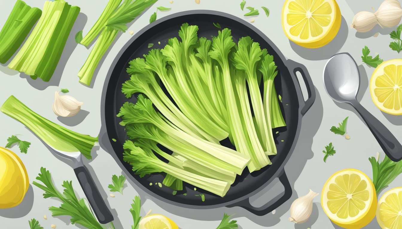 Sliced celery sizzling in a pan with minced garlic and lemon zest, emitting a fragrant aroma