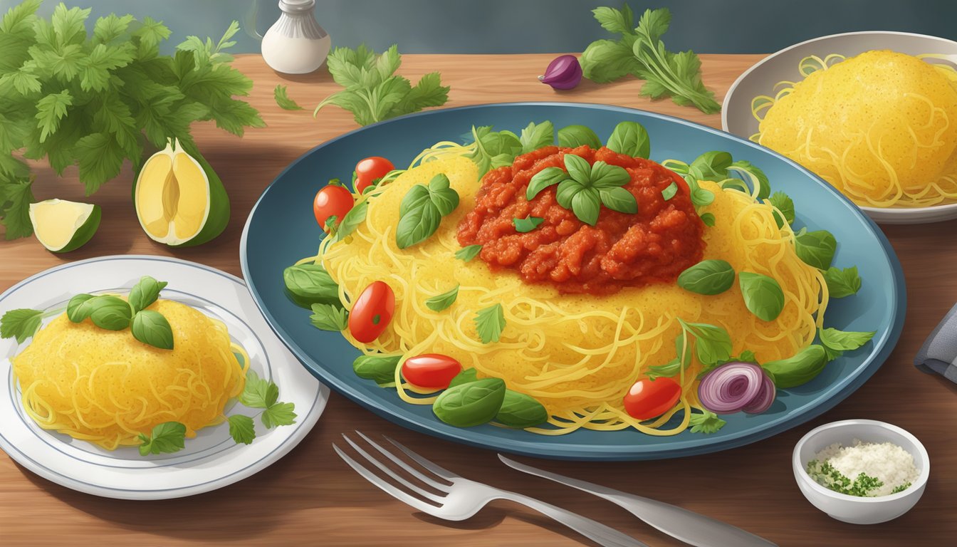 A plate of spaghetti squash topped with marinara sauce, surrounded by colorful vegetables and herbs