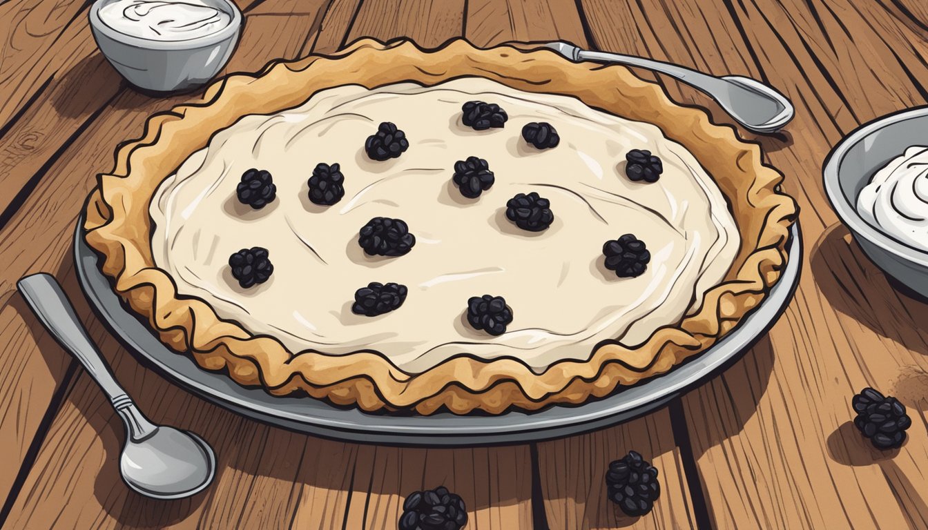 A vegan sour cream raisin pie sits on a rustic wooden table, surrounded by fresh ingredients like raisins, vegan sour cream, and a flaky pie crust