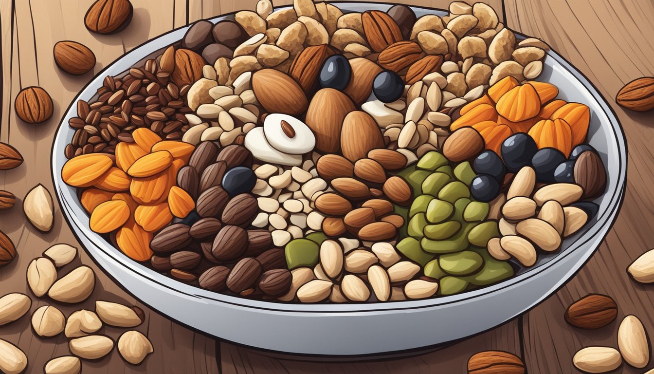 A bowl of unsweetened trail mix surrounded by 10 different healthy snacks, such as nuts, seeds, and dried fruits, arranged on a wooden table