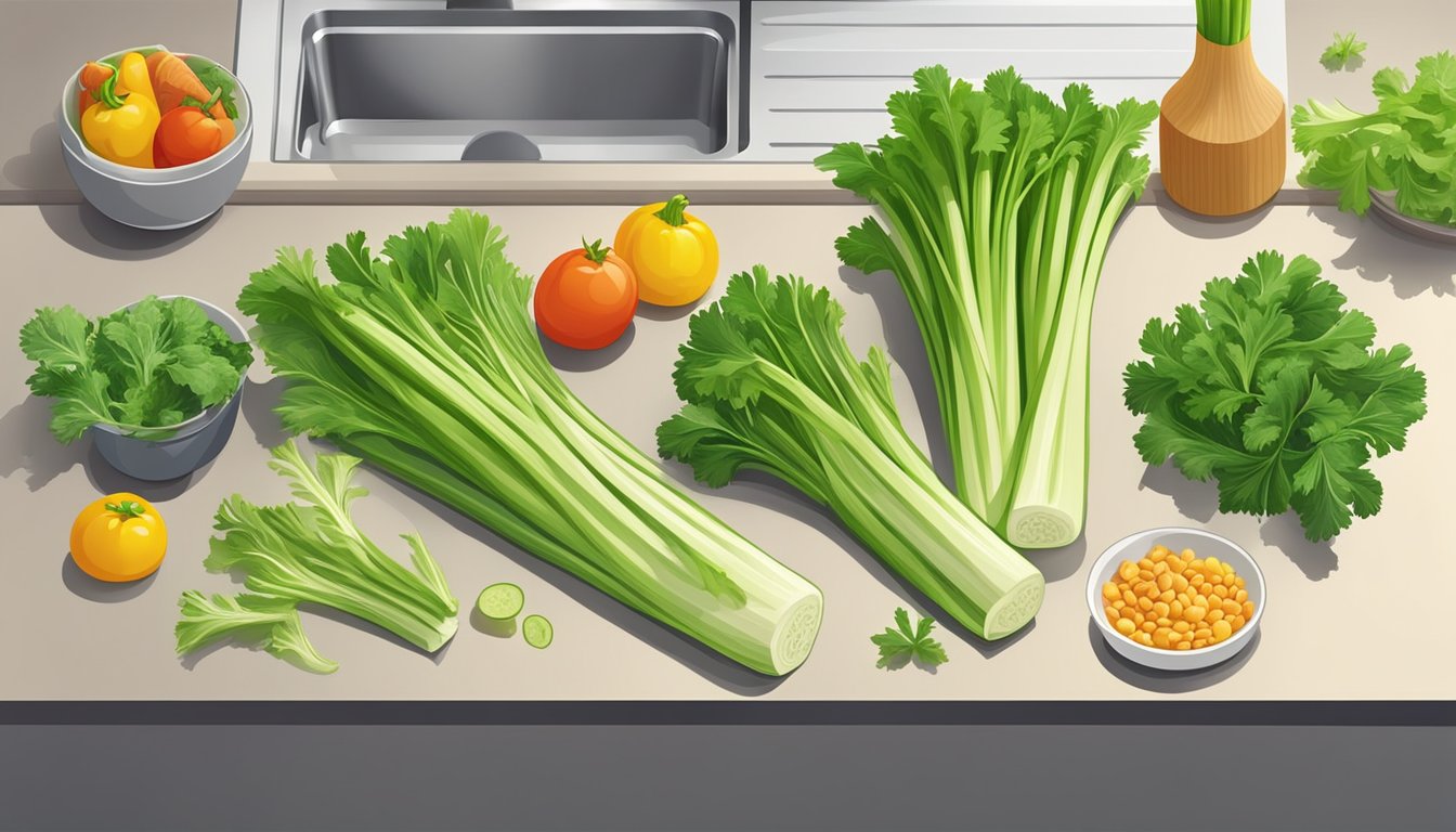 A colorful array of fresh celery, alongside various other vegetables and ingredients, arranged on a clean, modern kitchen countertop