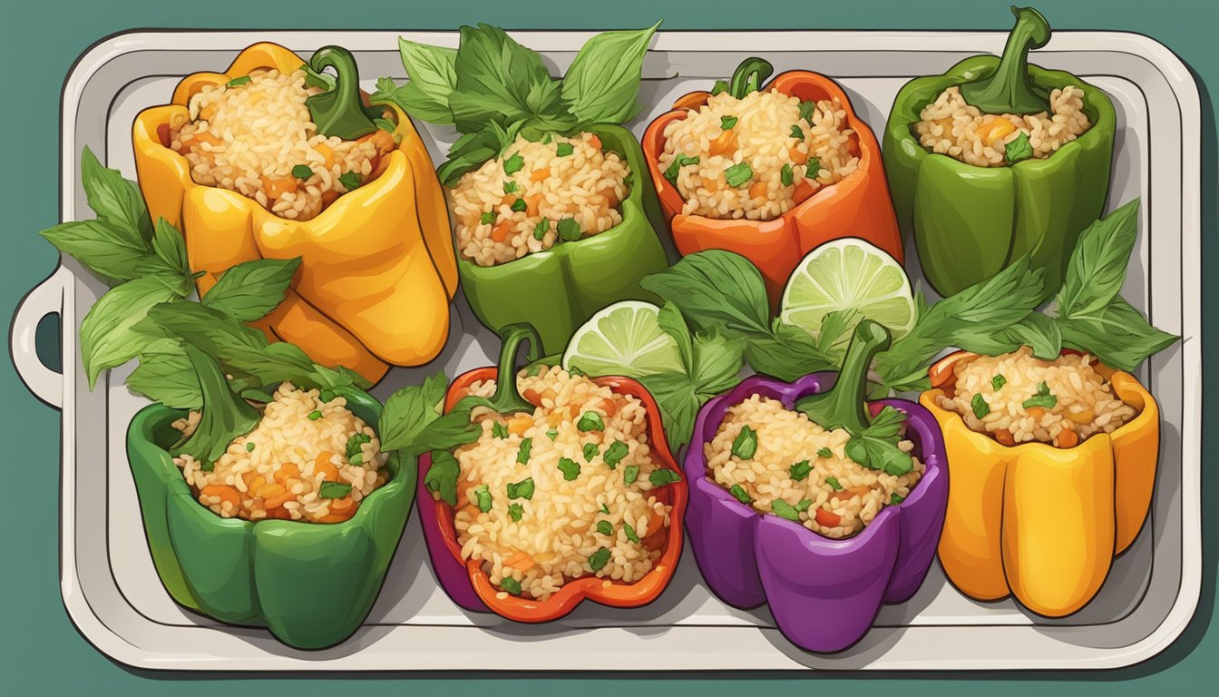 A colorful plate of stuffed bell peppers filled with brown rice, topped with melted cheese, and surrounded by fresh herbs and colorful vegetables